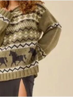 Altar'd State Olive Green Fair Isle Horse Motif Sweater